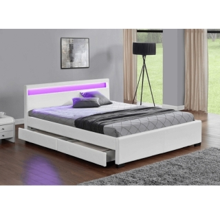 Manželská posteľ, RGB LED osvetlenie, biela ekokoža, 180x200, CLARETA obr-1