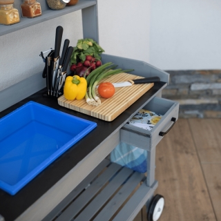 Záhradný pracovný stôl s umývadlom, drevo/sivá,  BARDY obr-2