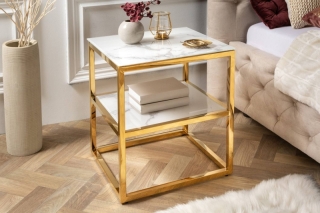 LuxD Dizajnový odkladací stolík Latrisha 45 cm bielo-zlatý - vzor mramor