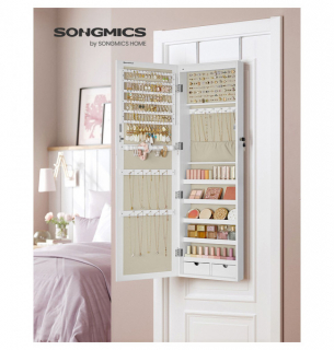 SONGMICS Nástenná šperkovnica so zrkadlom 37 x 120 x 10 cm biela obr-2