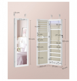 SONGMICS Nástenná šperkovnica so zrkadlom 37 x 120 x 10 cm biela obr-4