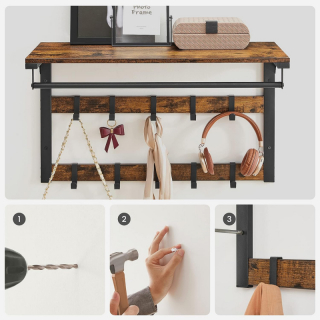 SONGMICS Nástenný regál s 10 odnímateľnými háčikmi obr-4