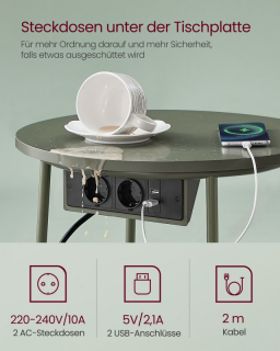 VASAGLE Kruhový konferenčný stolík s textilným košom a zásuvkou zelený obr-4