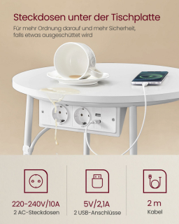 VASAGLE Okrúhly konferenčný stolík s textilným košom a zásuvkou biely obr-4