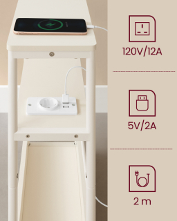 VASAGLE Úzky rozkladací stolík s napájacím zdrojom a USB kľúčom a zásuvkou USB biely obr-4