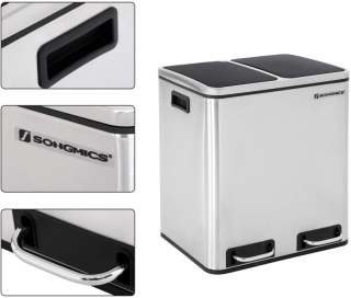 SONGMICS Odpadkový kôš LTB30H na triedený odpad, 2 x 15 L, strieborno / čierny obr-4