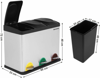 SONGMICS Odpadkový kôš LTB45L na triedený odpad, 3 x 15 L, strieborno / čierny obr-1