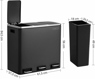 SONGMICS Odpadkový kôš na triedený odpad 3 x 18 l čierny obr-4