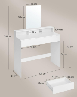 VASAGLE Toaletný stolík s veľkým zrkadlom biely obr-4