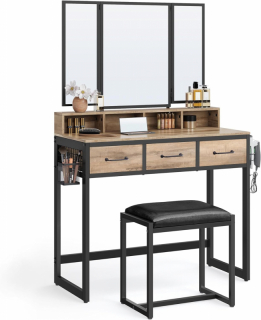 VASAGLE Toaletný stolík 3 sklopné zrkadlá 90 x 141 x 40 cm hnedý dub obr-1