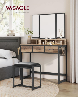 VASAGLE Toaletný stolík 3 sklopné zrkadlá 90 x 141 x 40 cm hnedý dub obr-2