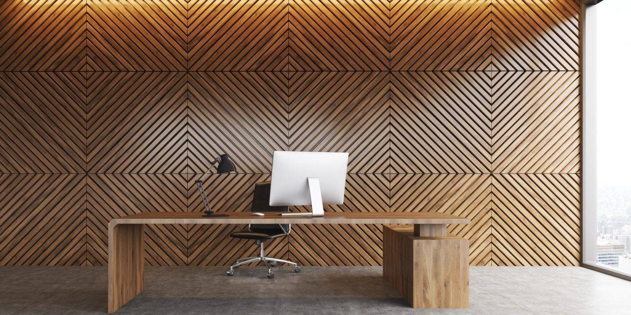 Drevený obklad steny -  Wau, drevený obklad steny do kancelárie ako sa patrí #stena #obklad	
A stôl tiež netreba prehliadnuť.