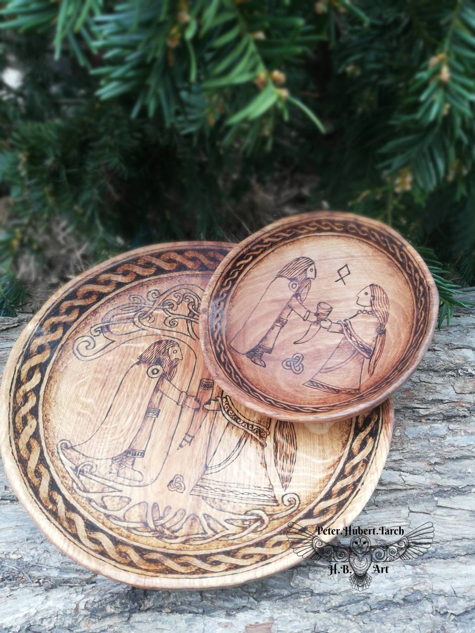 Svadobný drevený set - Viking - Wedding plate and bowl