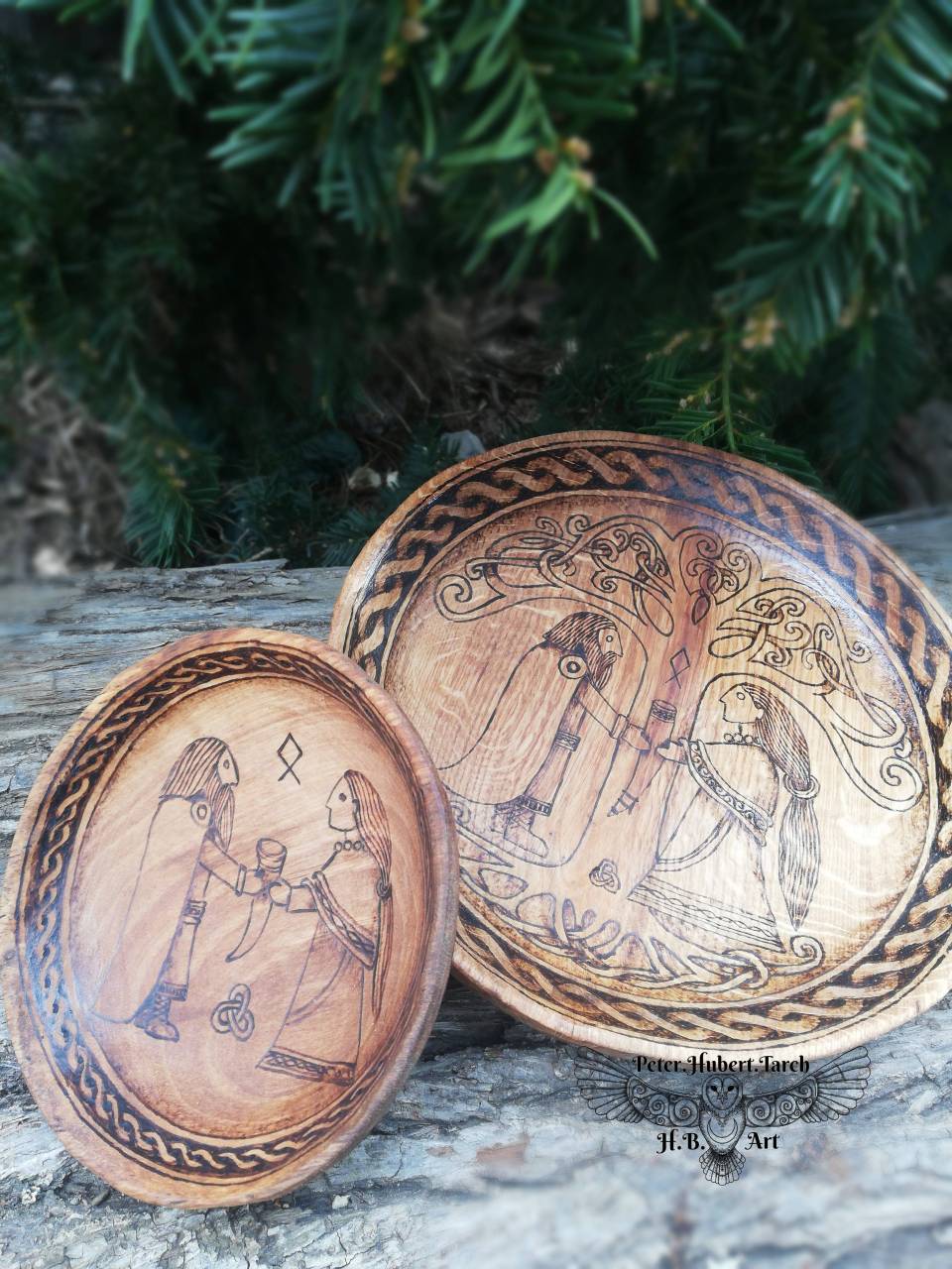 Svadobný drevený set - Viking - Wedding plate and bowl
